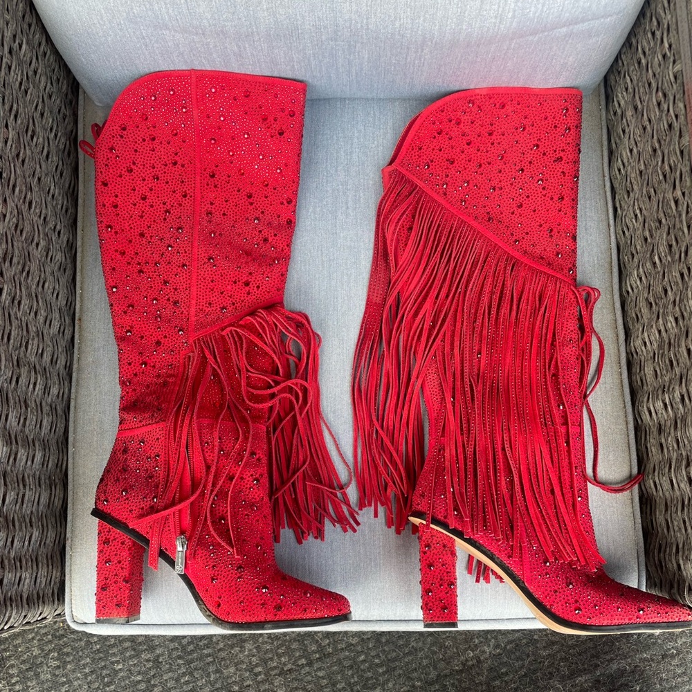 Red Sparkle Jessica Simpson Fringe Boot